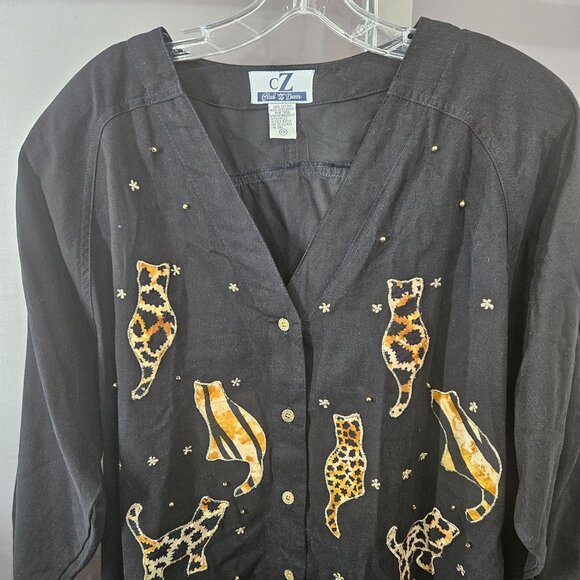 Club Z Denim Button-Up Shirt Women Plus 2X Cats Leopard Gold Appliqué V Neck - Picture 2 of 10